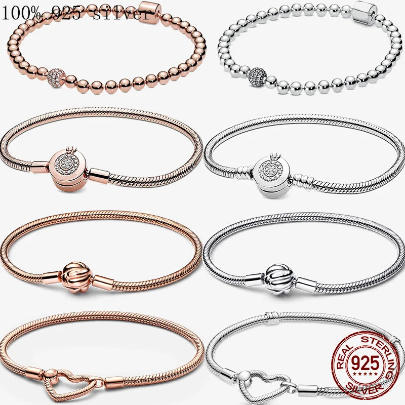 925 Sterling Silver Charm Bead Bracelet For Women Original Rose Gold Charms Heart Bracelets Bangles Snake Chain Diy Jewelry