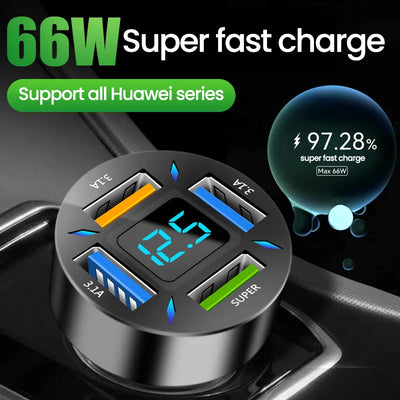 66W 4 Ports USB Car Charger Fast Charging PD Quick Charge 3.0 USB C Car Phone Charger Adapter For iPhone  Xiaomi Samsung