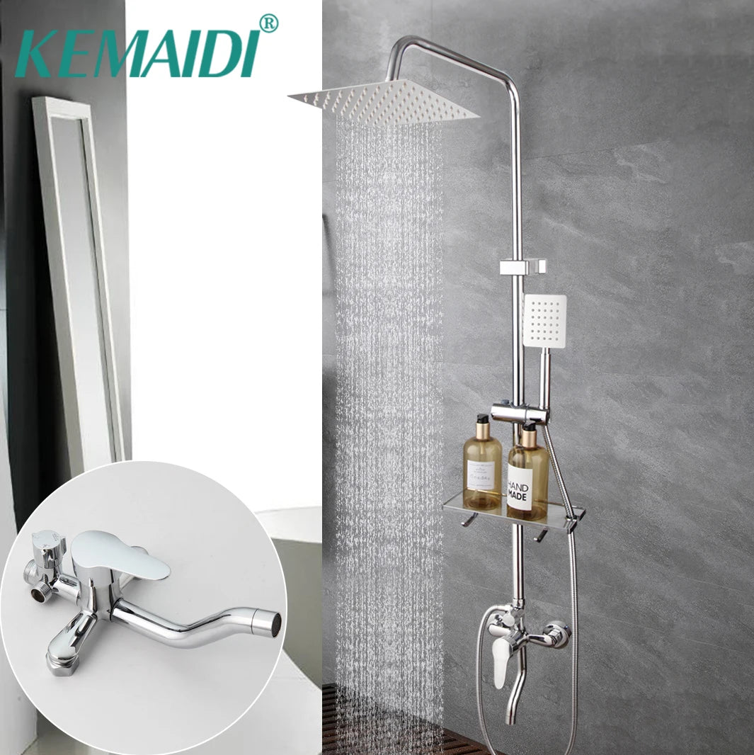 KEMAIDI Bathroom Shower Faucet Set Chrome Wall Mount Rainfall Shower Mixer W/Shelf  Bathtub Shower Mixer Tap 3-way Shower Mixers