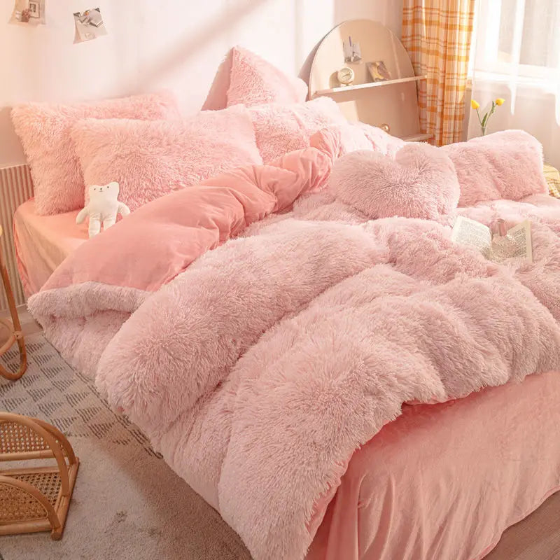 Super Shaggy Quilt Cover Super Warm Bed Plush Velvet Bedding Set Lamb Wool Cashmere Duvet Cover Pillowcase Girls Princess