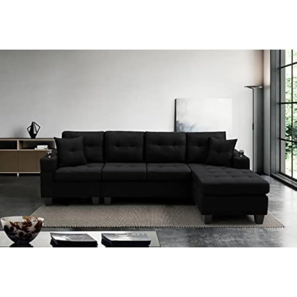 Living room sofa L-shaped upholstered fold-down sofa bed with reversible chaise longue modern fabric furnishings, black