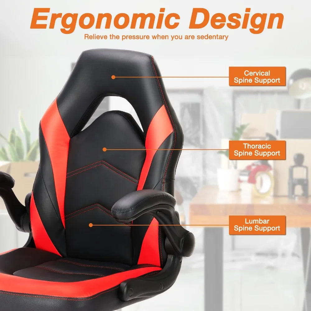 New Computer Gaming Office Chair with Lumbar Support and Flip-up Armrest Wheels