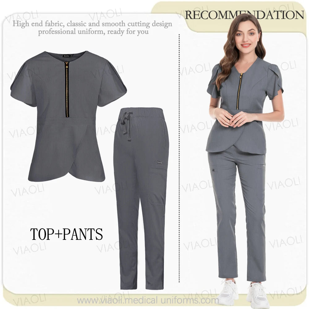 Medical Scrub Set Beauty Hospital Surgical Uniforms Women Scrub Tops Pants Nurses Accessories Dental Clinic Pet Workwear Clothes