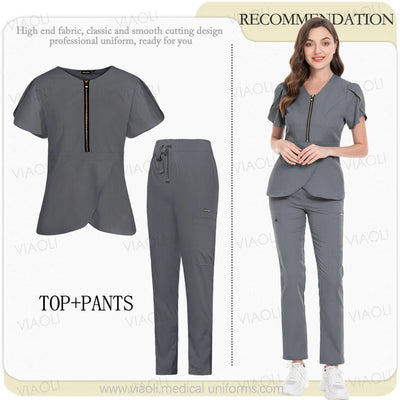 Medical Scrub Set Beauty Hospital Surgical Uniforms Women Scrub Tops Pants Nurses Accessories Dental Clinic Pet Workwear Clothes