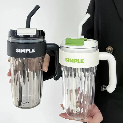 920ml Large Capacity Plastic Water Cup Striped Transparent Straw Coffee Cup High Temperature Resistant Water Bottle With Handle