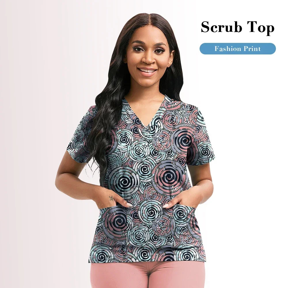 Nursing Scrubs Top Women Working Uniform Blouse Short Sleeve V-neck Printing Uniform Clothes Nurses Accessories Unisex