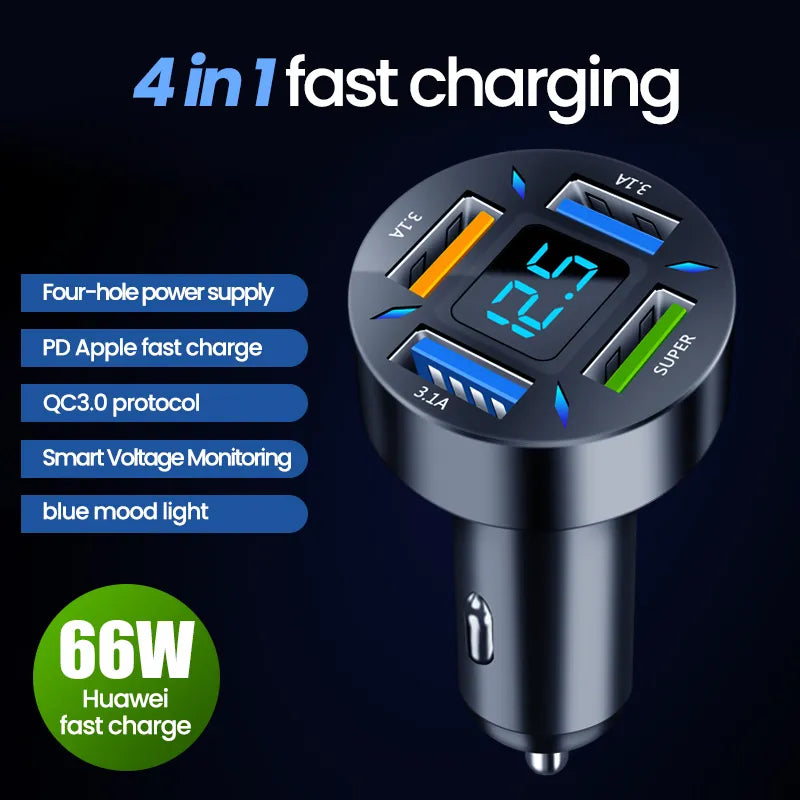 66W 4 Ports USB Car Charger Fast Charging PD Quick Charge 3.0 USB C Car Phone Charger Adapter For iPhone  Xiaomi Samsung