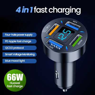 66W 4 Ports USB Car Charger Fast Charging PD Quick Charge 3.0 USB C Car Phone Charger Adapter For iPhone  Xiaomi Samsung