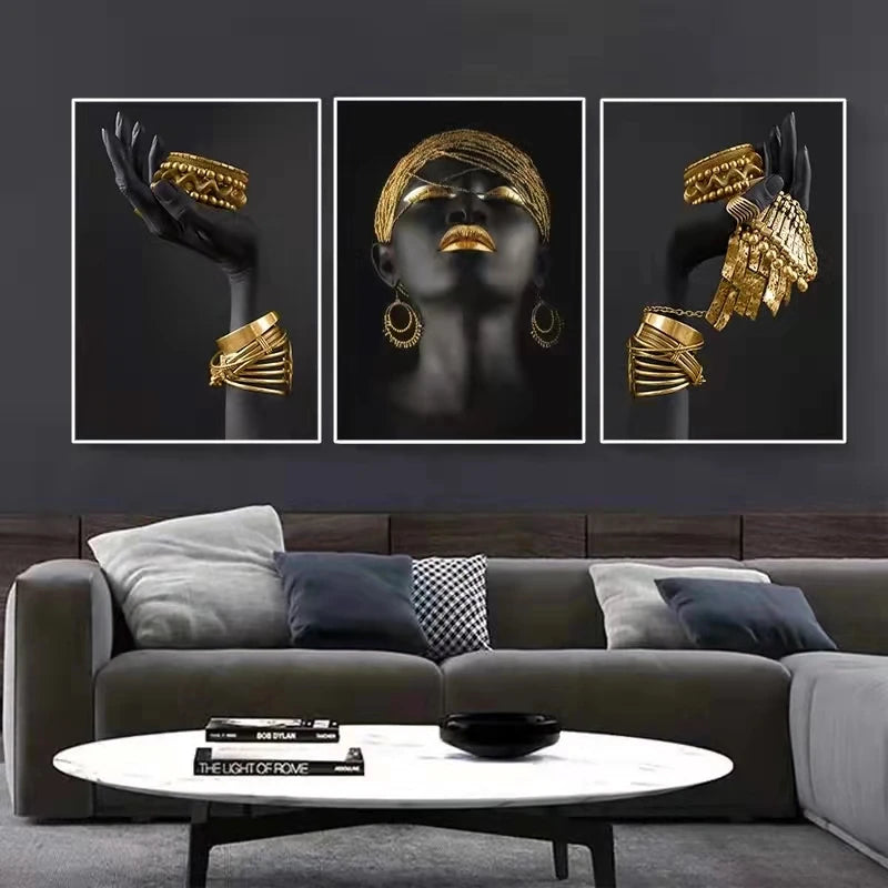 African Art Black and Gold Woman Oil Painting on Canvas Cuadros Posters and Prints Scandinavian Wall Art Picture for Living Room