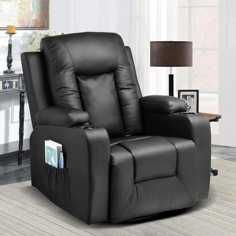 Leather Lounge Modern Sofa Seat with Heated Massage Lounge 360 Degree Swivel with Drink Holder Living Room Chair