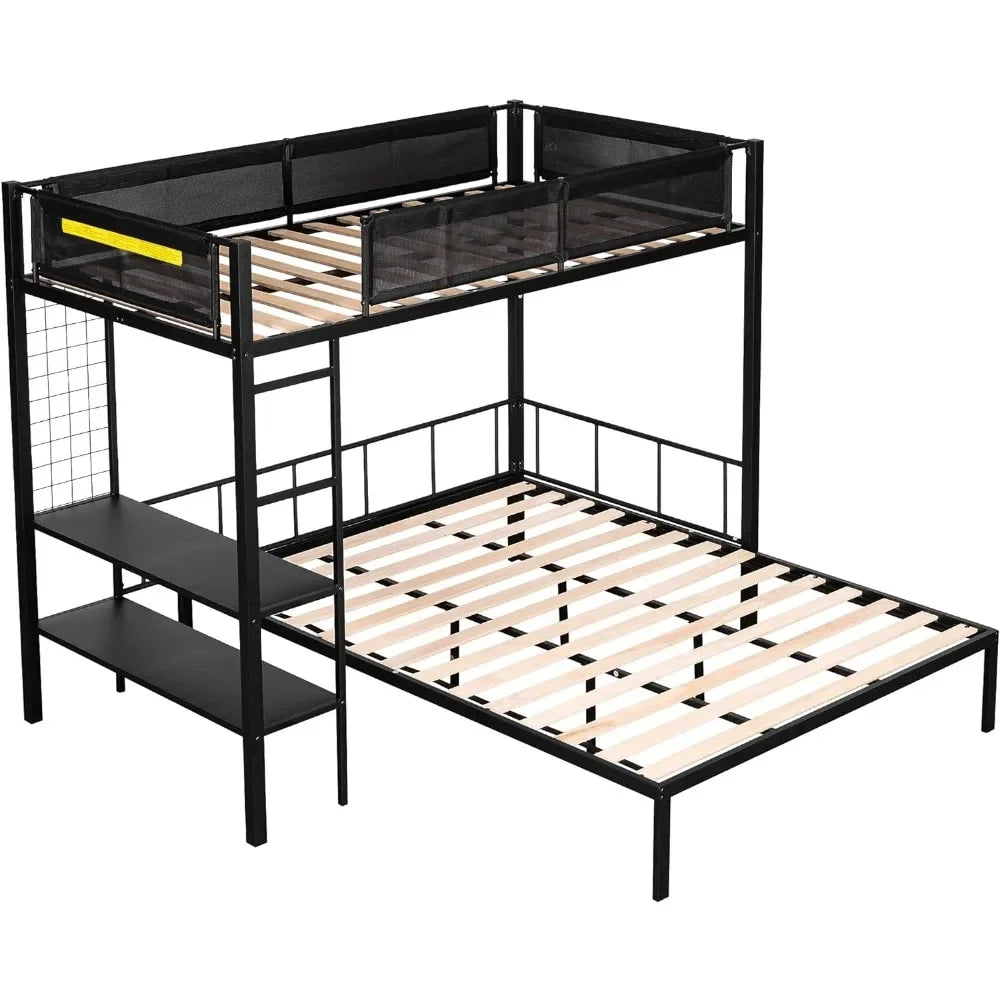 Children's bed, with frame and grid panel, L-shaped double decker bed, with full length guardrail and ladder, children's bed