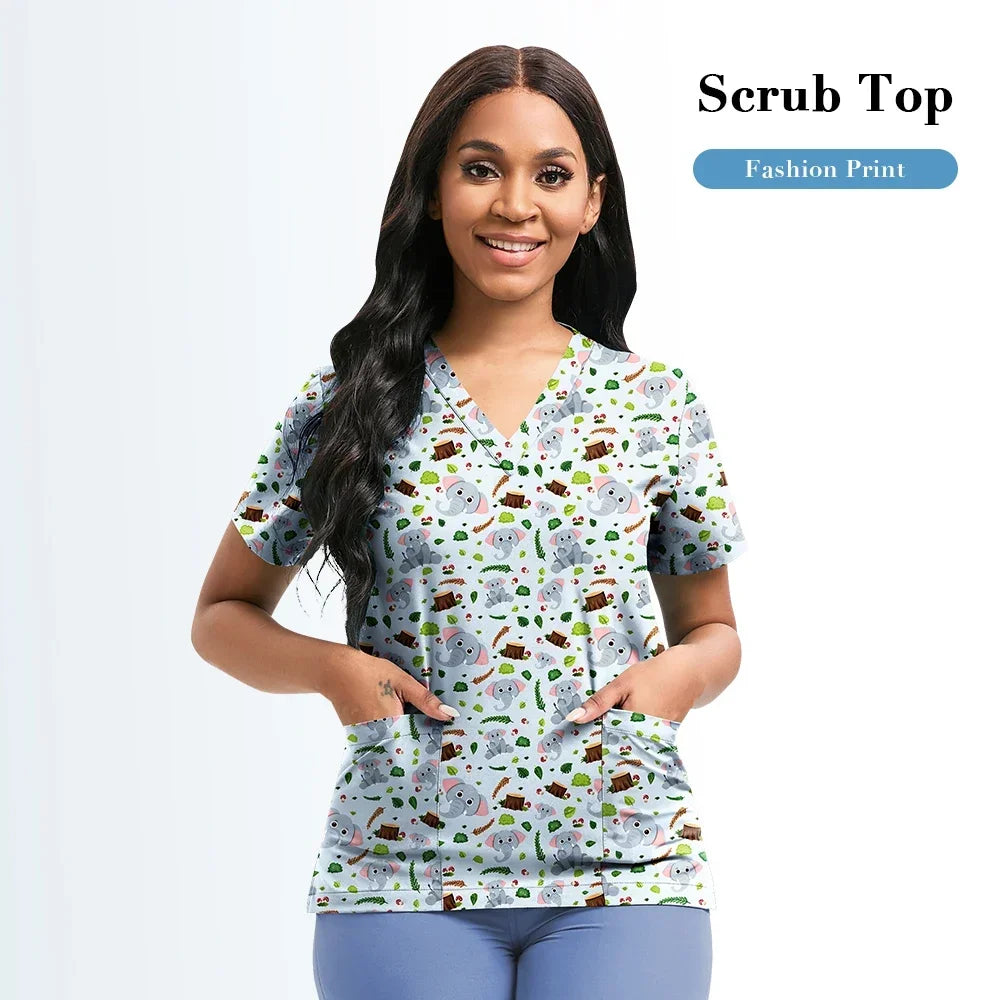 Nursing Scrubs Top Women Working Uniform Blouse Short Sleeve V-neck Printing Uniform Clothes Nurses Accessories Unisex