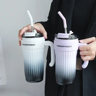 Stainless Steel Handle Ice Cream hot and cold Cup with Straw  Insulation Keeps Cold and Heat Cup Large Capacity Mug