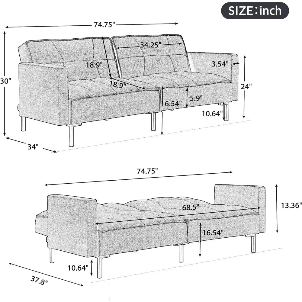 Modern Linen Fabric Convertible Upholstered Sofa Couch Bed with Adjustable Back for Living Room,Apartment,Office,Orange