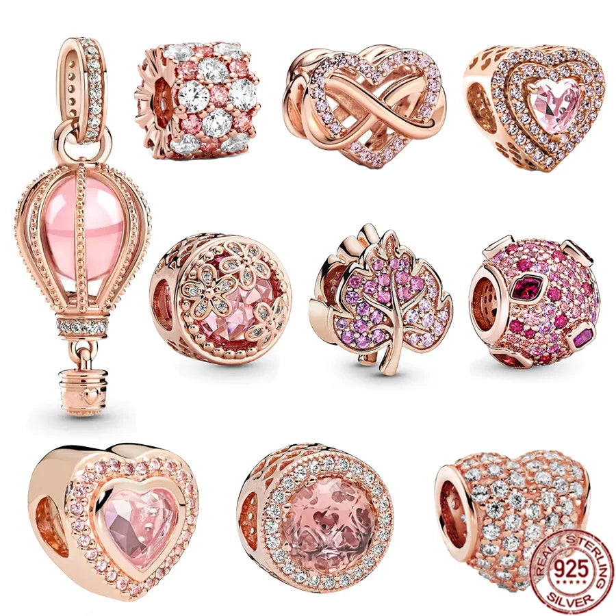 Rose Gold Sparkling Levelled Heart Beads Pink Hot Air Balloon Charms 925 Sterling Silver Jewelry Fit Original Pandora Bracelet