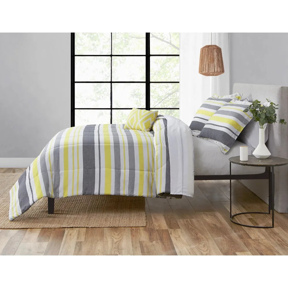 Grey and Yellow Stripe 8 Piece Bed in a Bag Comforter Set with Sheets bed set  bedding set  bed sheet Home Textile