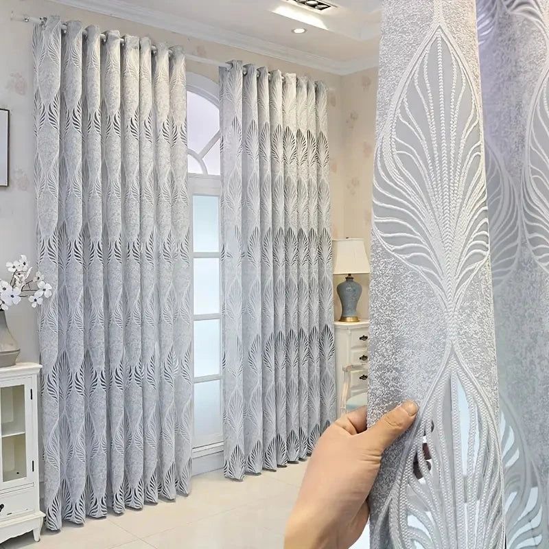 Luxury Sheer Curtains Grey Leaf Floral Semi Sheer Textured Embroidered Window Curtain for Living room Bedroom Voile Curtains