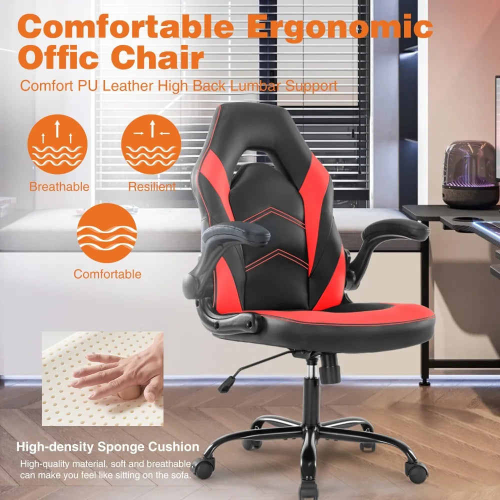 New Computer Gaming Office Chair with Lumbar Support and Flip-up Armrest Wheels