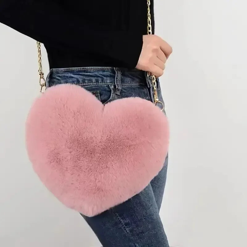 Heart Shaped Fluffy Shoulder Bag Fashion Chain Crossbody Bag Plush Handbag Cute Zipper Purse For Valentine's Day