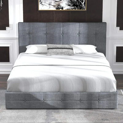 Upholstered Full Size Platform Bed Frame with 4 Storage Drawers and Headboard, No Box Spring Needed, Light Grey