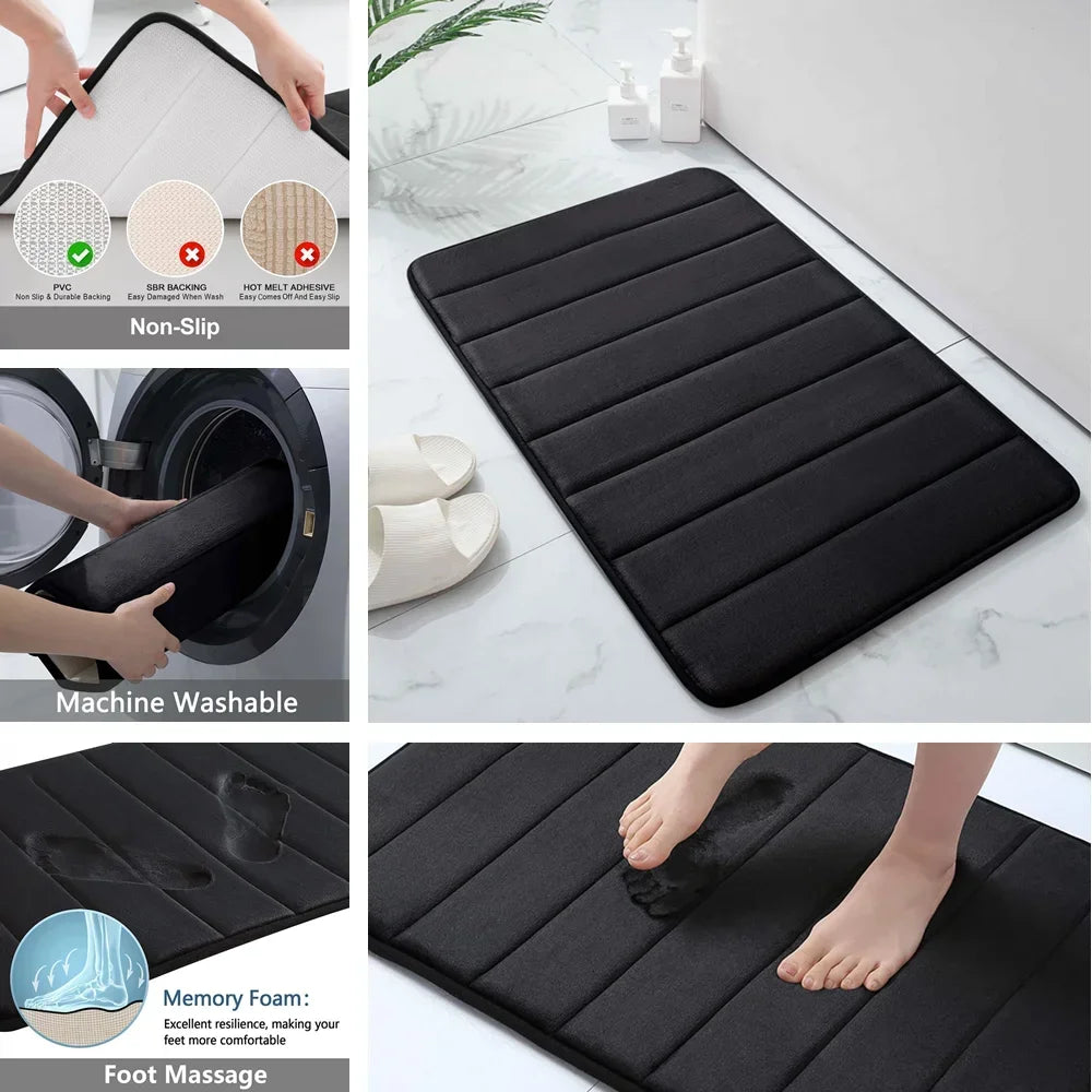 Set 3 Piece Memory Foam Bathroom Rug Grey Non-Slip Extra Absorbent Toilet Bath Foot Mats Sets Soft & Dry Home Washable Carpets