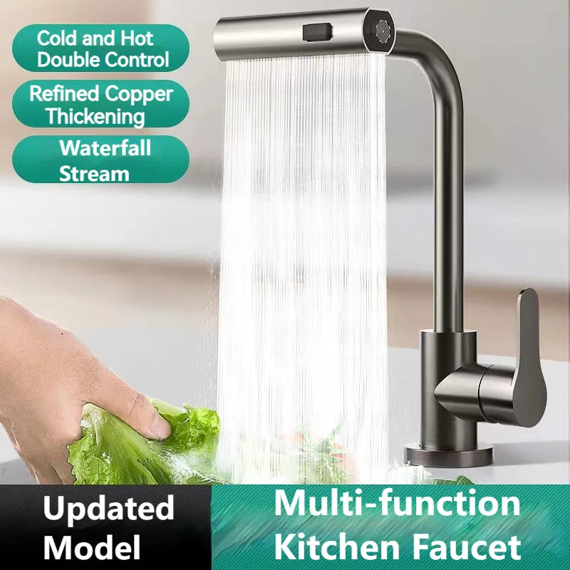 Waterfall Kitchen Faucets Pull Out Hot Cold Mixer Rainfall Spray Bathroom Basin Sink Faucet 3 Model Rotation Stainless Steel Tap