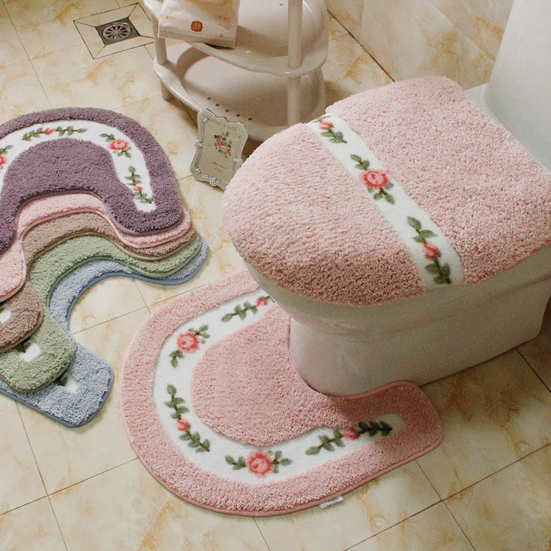 Pastoral Style Toilet Rug Flower Pattern Bathroom Mat Set U Shape Toilet Carpets Floor Decor Bath Mat Set Fiber Toilet Lid Cover