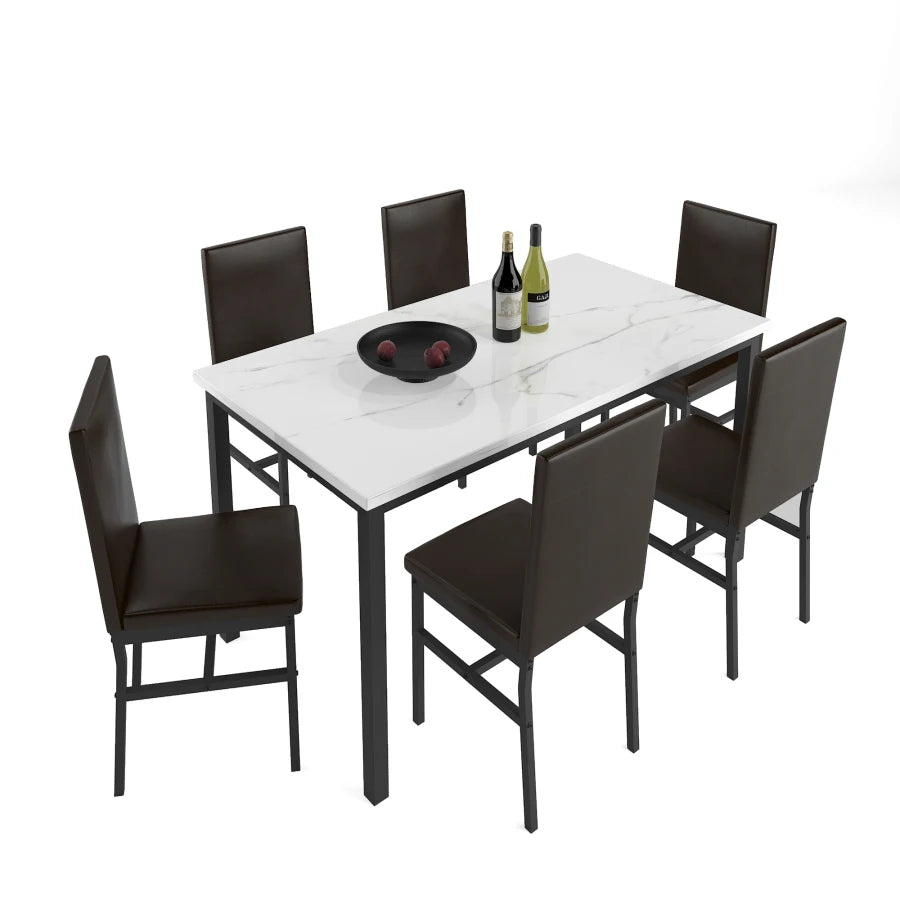 Modern 7 Pieces Dining Set,7-Piece Kitchen Table Set with Marble Top, 6 Durable dark brown faux leather upholstery Chairs