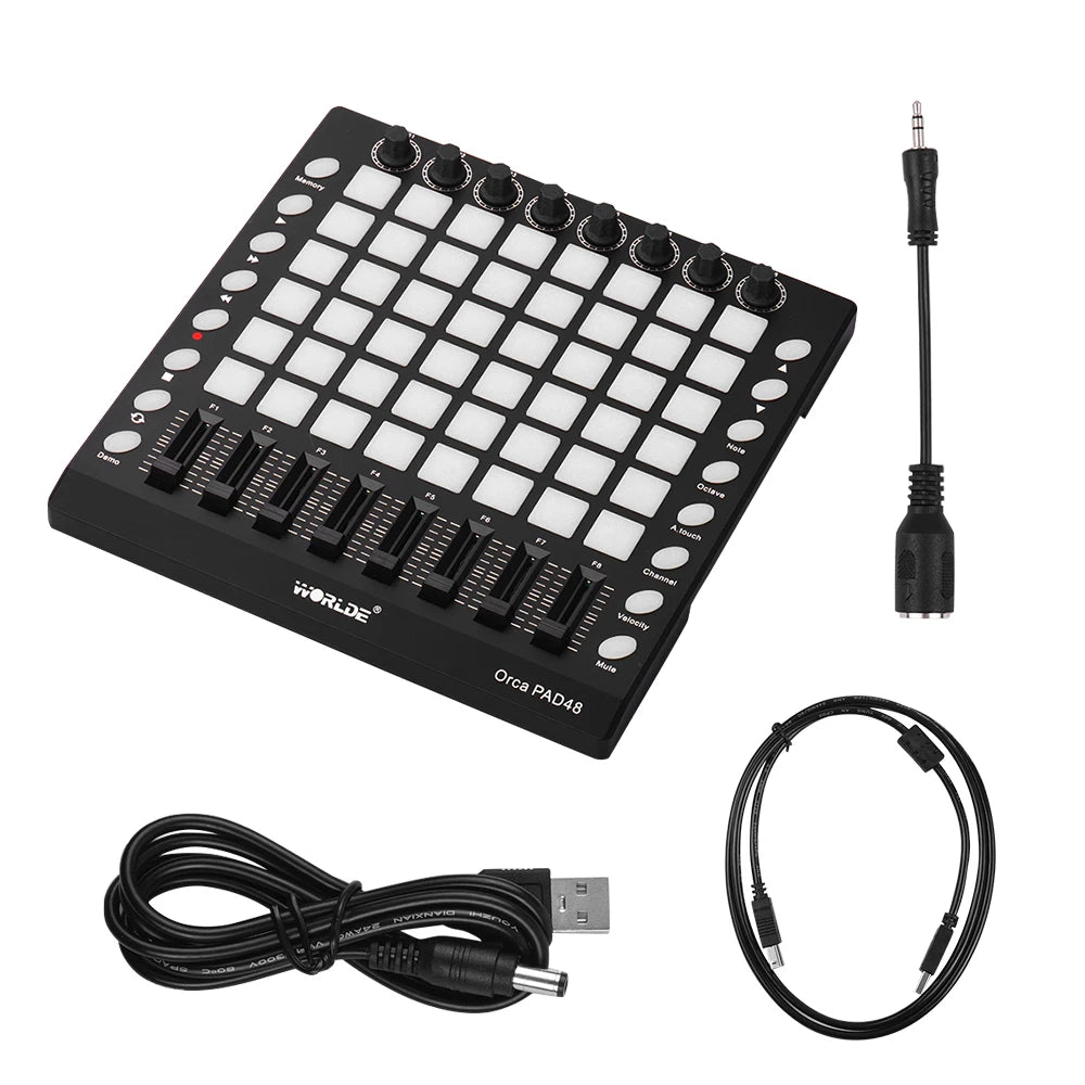 WORLDE PAD48 Portable USB MIDI Drum Pad Controller 48 RGB Backlit Pads 8 Knobs 16 Buttons 8 Sliders with USB Cable