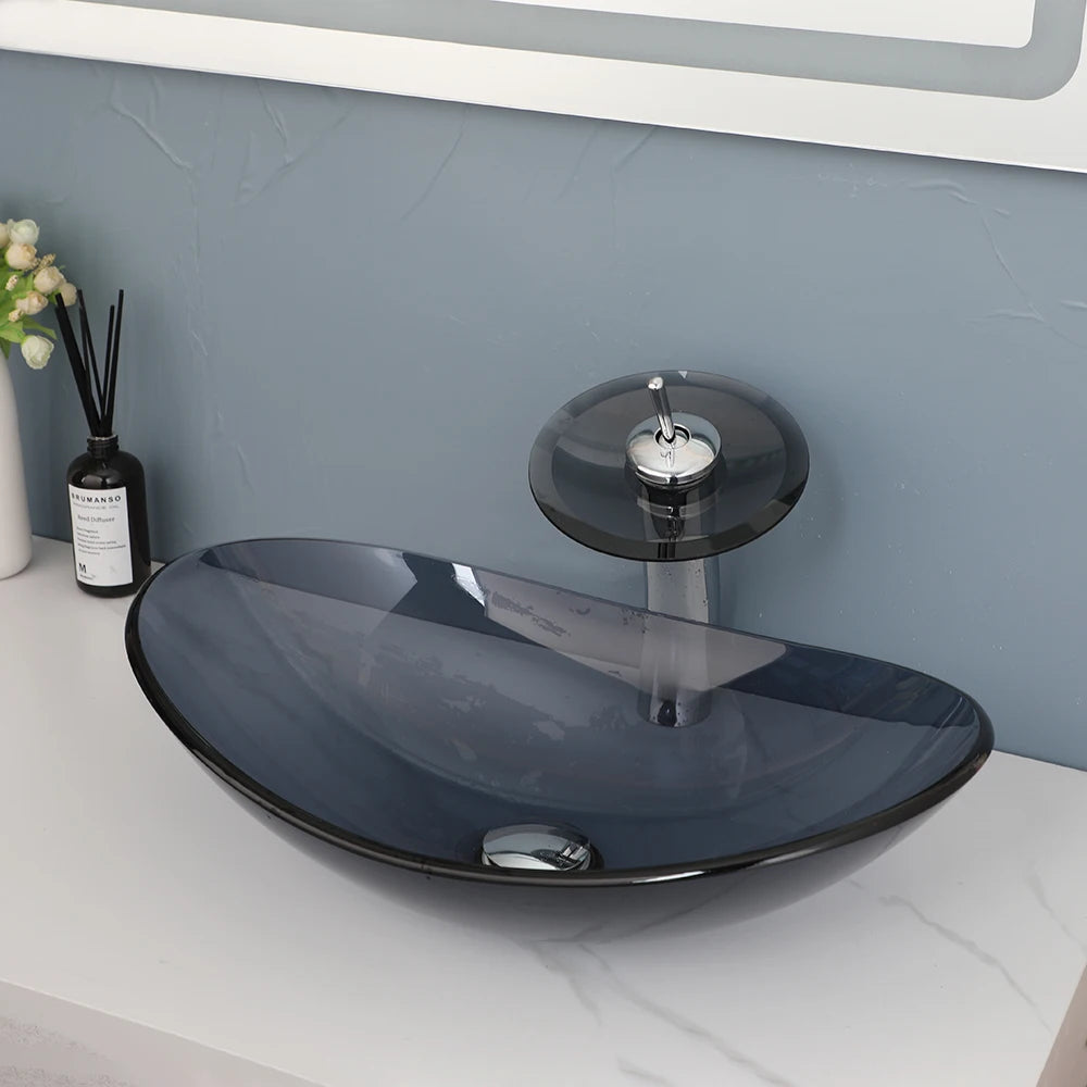 Vessel Sink Oval Glass Vessel Sink with Waterfall Faucet Tap Tempered Glass Bathroom Sink Above Counter