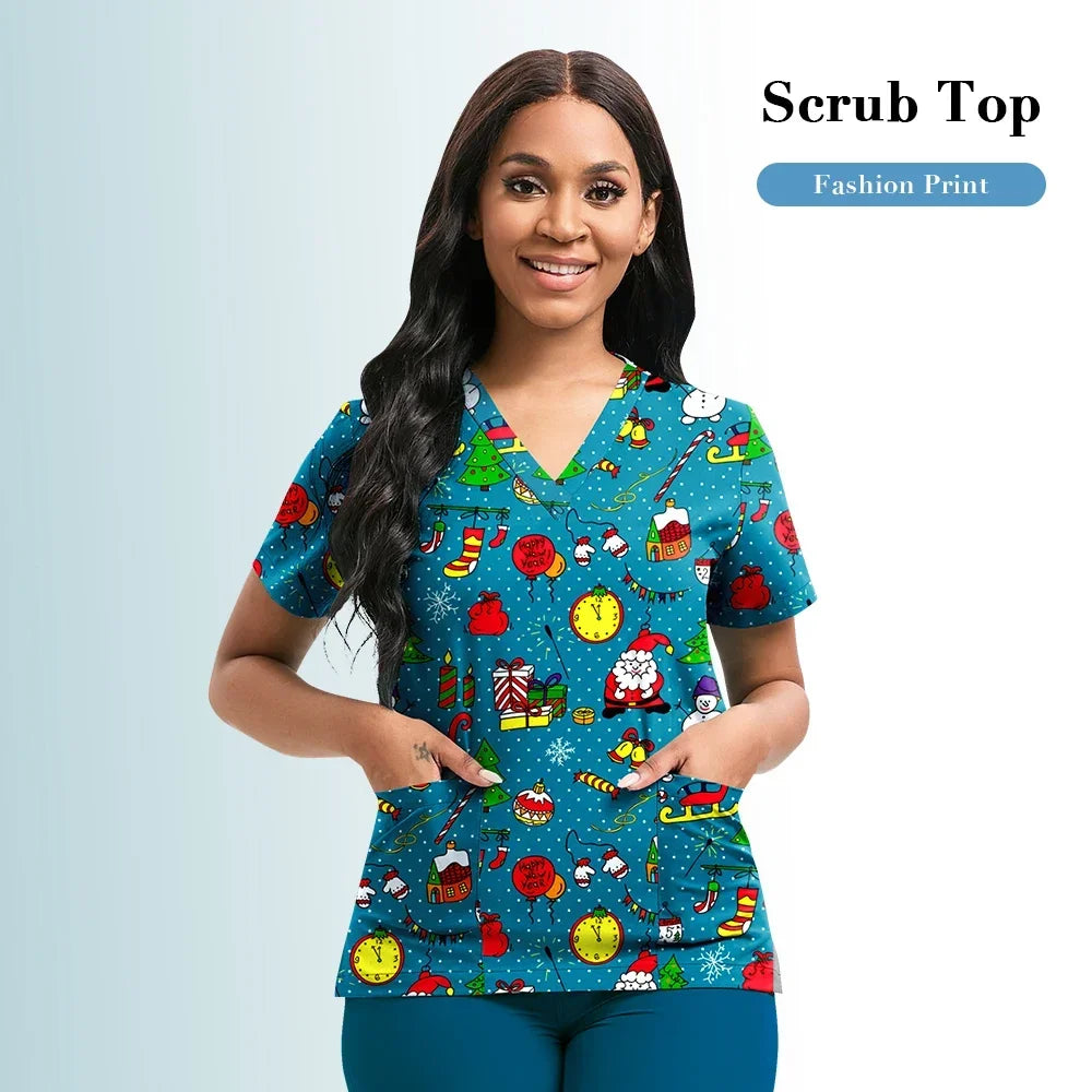 Nursing Scrubs Top Women Working Uniform Blouse Short Sleeve V-neck Printing Uniform Clothes Nurses Accessories Unisex