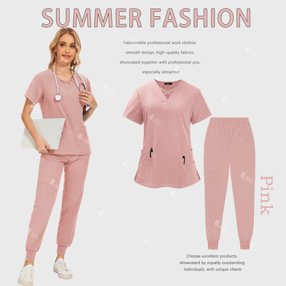 Polychrome Beautician Uniform Medical Surgical Suits Woman Nursing Sets Scrub Top Pants Articles Nurse Uniform Clinical Workwear