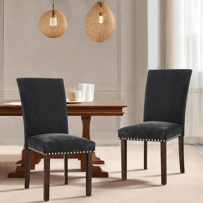 Upholstered Parsons Dining Chairs Set of 4, Fabric Dining Room Kitchen Side Chair with Nailhead Trim and Wood Legs - Blac