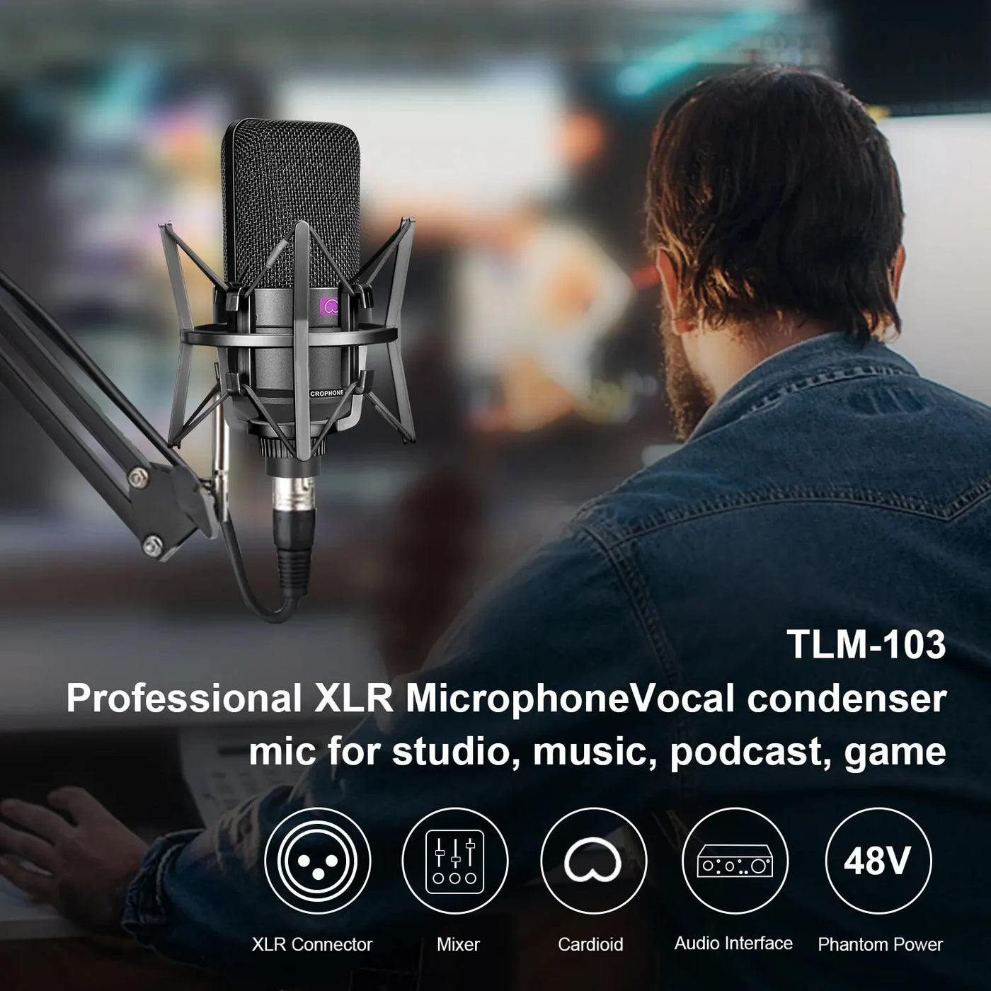 TLM-103 XLR Condenser Microphone Professional Super Cardioid Mic for Recording Podcasting Voice Over Streaming Home Studio