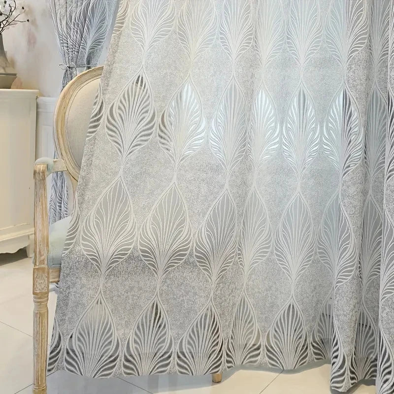 Luxury Sheer Curtains Grey Leaf Floral Semi Sheer Textured Embroidered Window Curtain for Living room Bedroom Voile Curtains