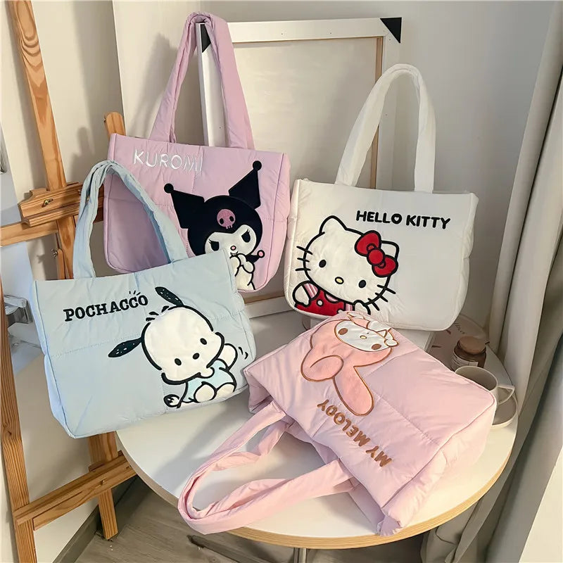 Sanrio Handbag Cartoon Cute Down Fabric Kuromi Tote Bag Shoulder Pacha Dog Cute