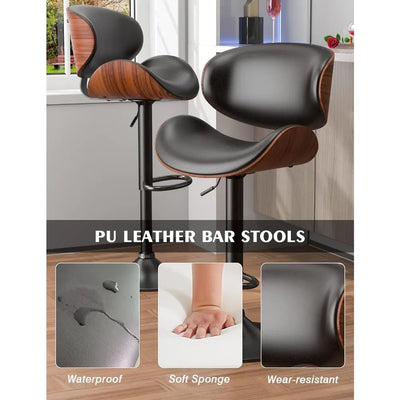 Swivel Bar Stools Set of 2 for Kitchen Counter, Adjustable Bentwood Barstools, Modern PU Leather Upholstered Bar Chair