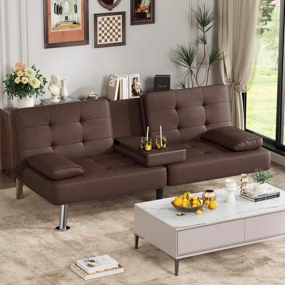 Faux Leather Upholstered Modern Convertible Folding Futon Sofa Bed with Removable Armrests Adjustable Recliner