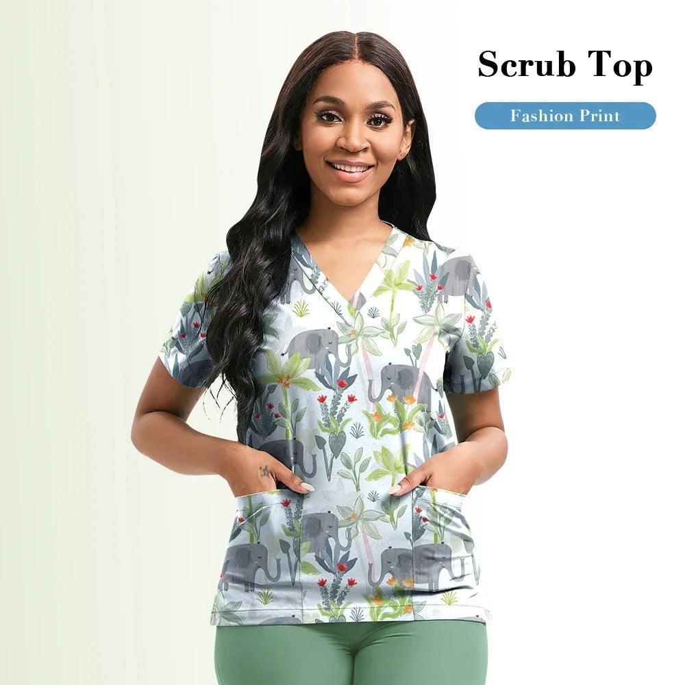 Nursing Scrubs Top Women Working Uniform Blouse Short Sleeve V-neck Printing Uniform Clothes Nurses Accessories Unisex