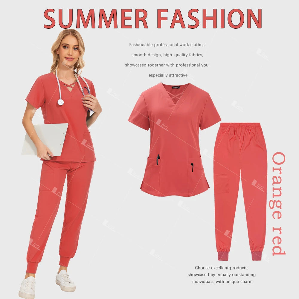 Polychrome Beautician Uniform Medical Surgical Suits Woman Nursing Sets Scrub Top Pants Articles Nurse Uniform Clinical Workwear