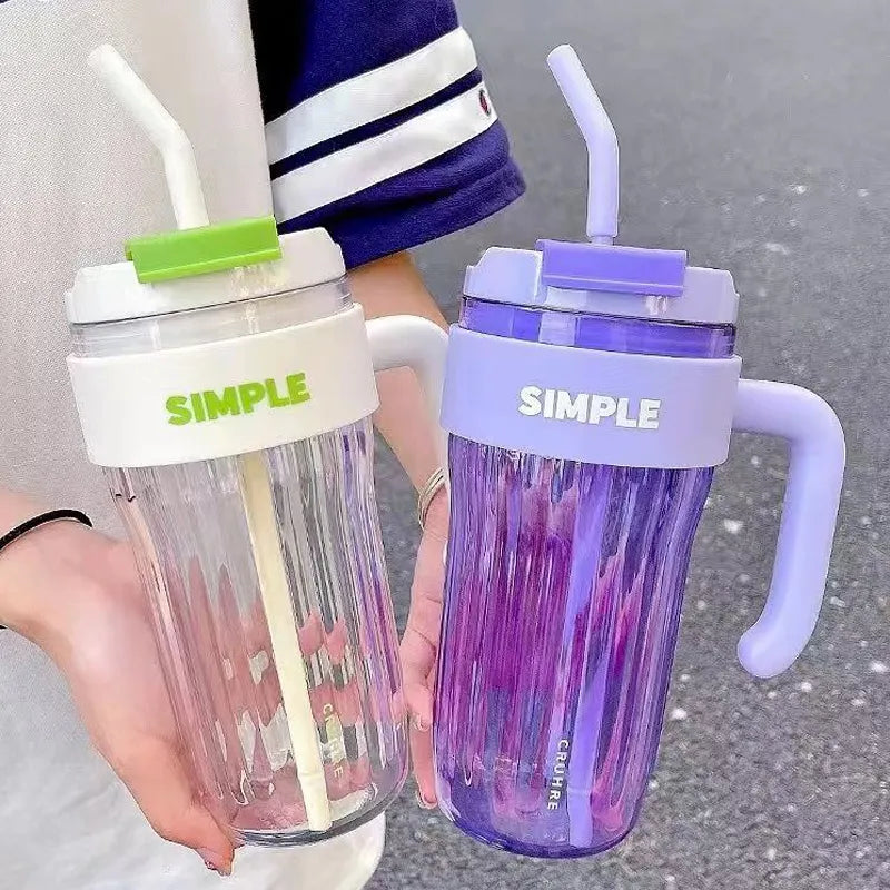 920ml Large Capacity Plastic Water Cup Striped Transparent Straw Coffee Cup High Temperature Resistant Water Bottle With Handle