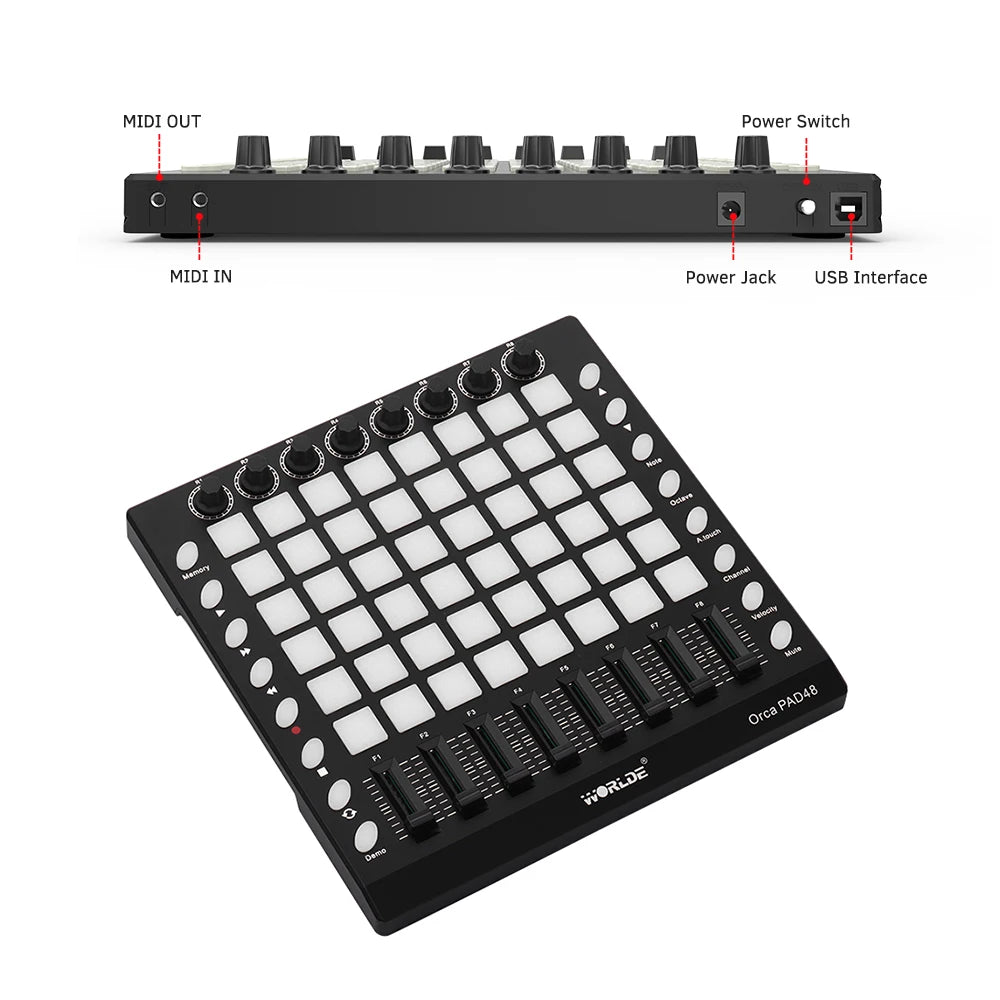 WORLDE PAD48 Portable USB MIDI Drum Pad Controller 48 RGB Backlit Pads 8 Knobs 16 Buttons 8 Sliders with USB Cable