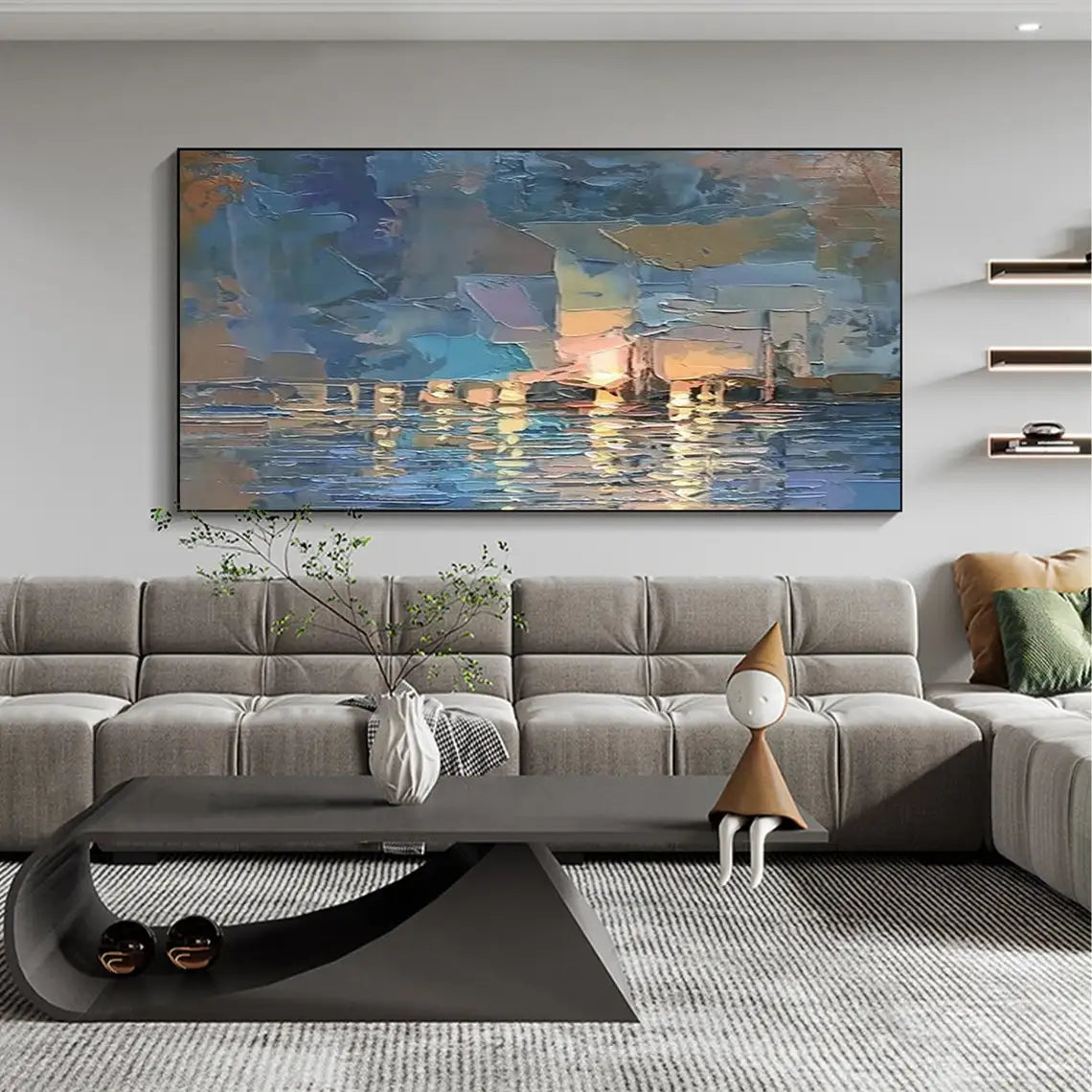 Large Abstract Sailboat Seascape Handmade Oil Painting on Canvas Textured Wall Art Original Blue Ocean Landscape Room Decor Art