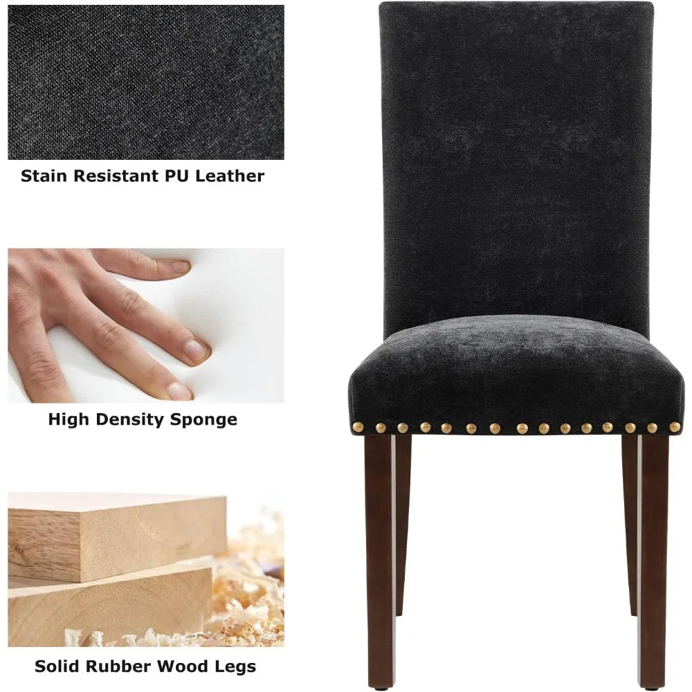 Upholstered Parsons Dining Chairs Set of 4, Fabric Dining Room Kitchen Side Chair with Nailhead Trim and Wood Legs - Blac