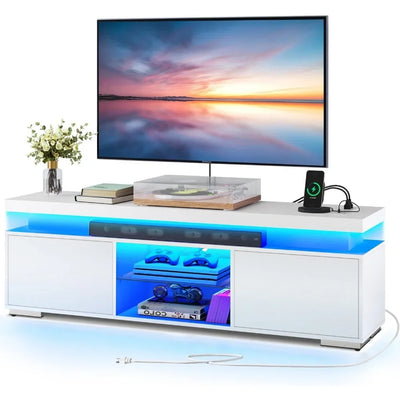 TV Cabinet Power Outlet, 55/60/65 Inch, Entertainment Center Locker, LED TV Media Stand, Mass Storage, White