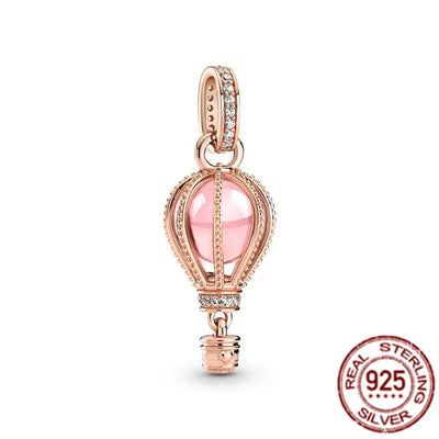 Rose Gold Sparkling Levelled Heart Beads Pink Hot Air Balloon Charms 925 Sterling Silver Jewelry Fit Original Pandora Bracelet