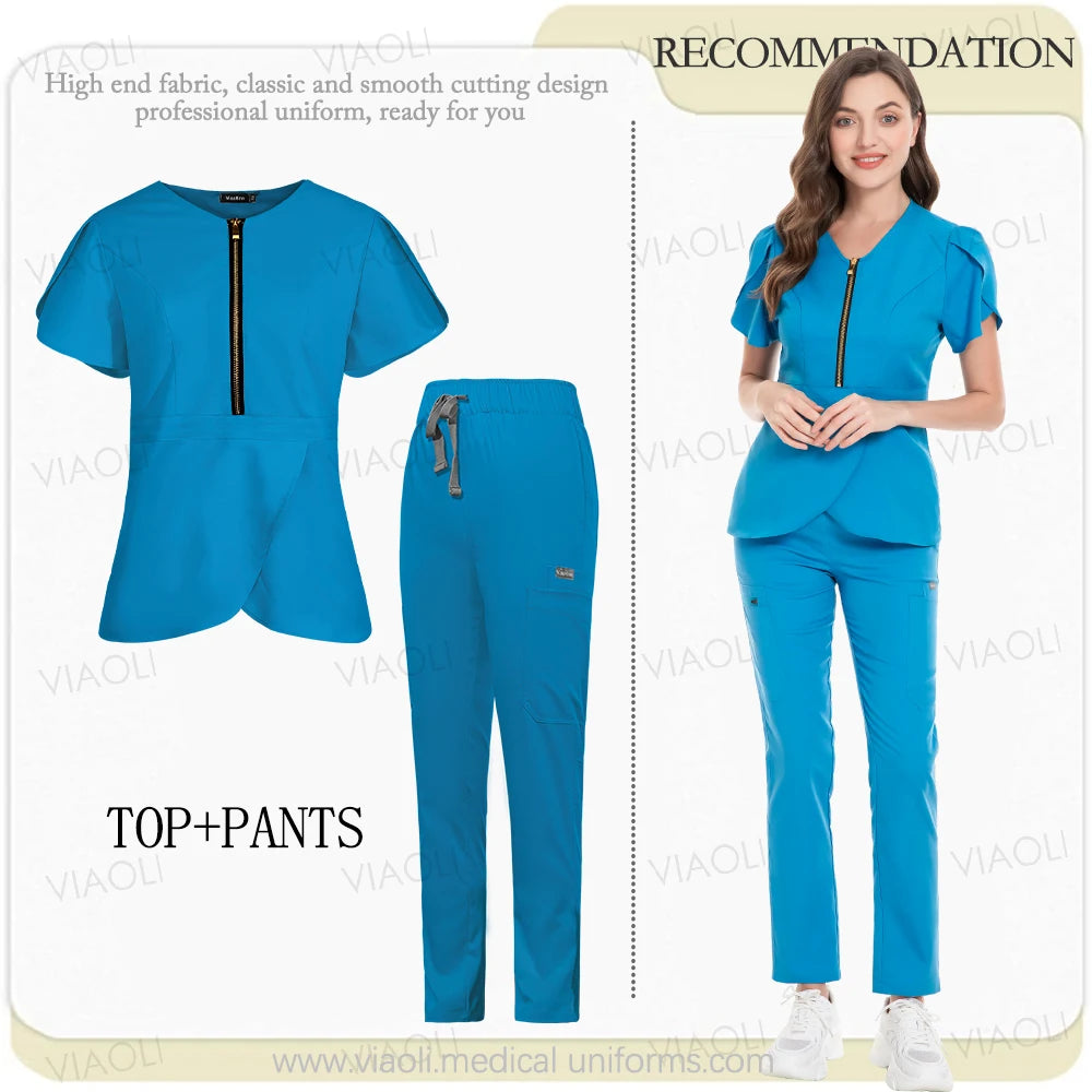 Medical Scrub Set Beauty Hospital Surgical Uniforms Women Scrub Tops Pants Nurses Accessories Dental Clinic Pet Workwear Clothes