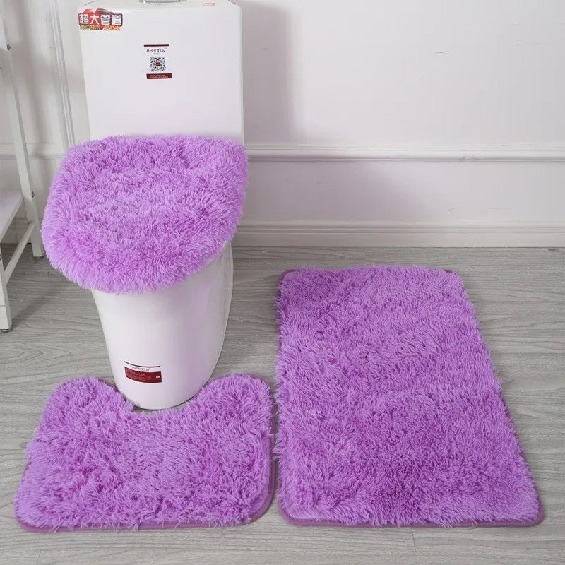 3pcs/set Solid Color Bathroom Mat Set Fluffy Hairs Bath Carpets Modern Toilet Lid Cover Rugs Kit Rectangle