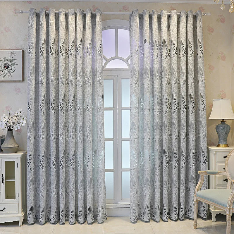 Luxury Sheer Curtains Grey Leaf Floral Semi Sheer Textured Embroidered Window Curtain for Living room Bedroom Voile Curtains