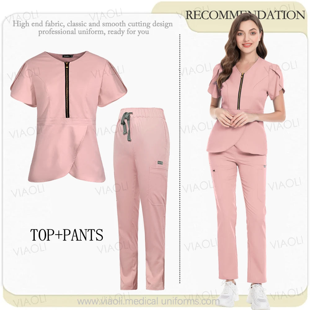 Medical Scrub Set Beauty Hospital Surgical Uniforms Women Scrub Tops Pants Nurses Accessories Dental Clinic Pet Workwear Clothes